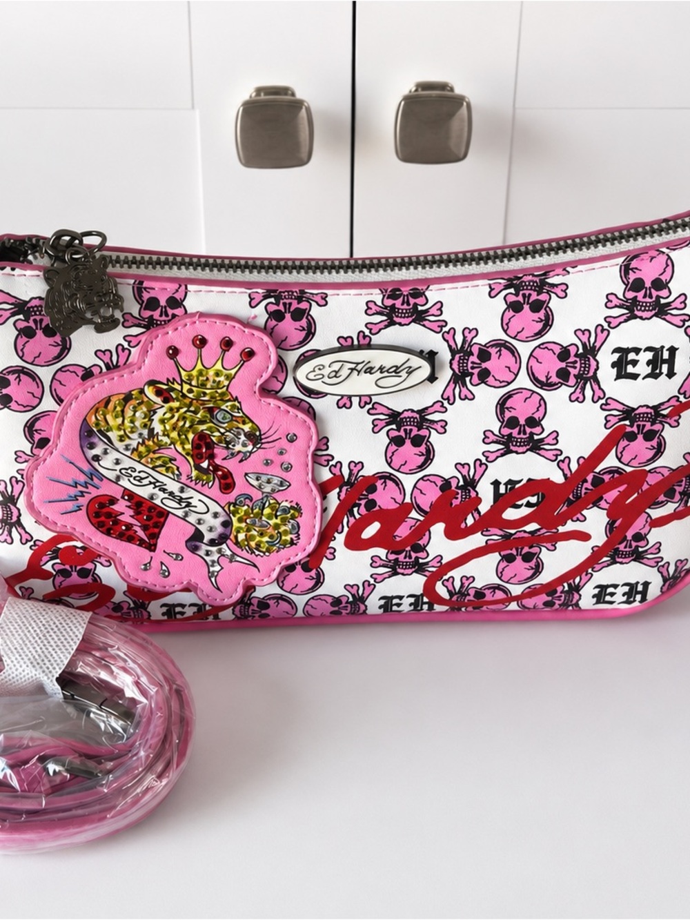 Ed Hardy Pink Skull Print Shoulder & Crossbody Bag